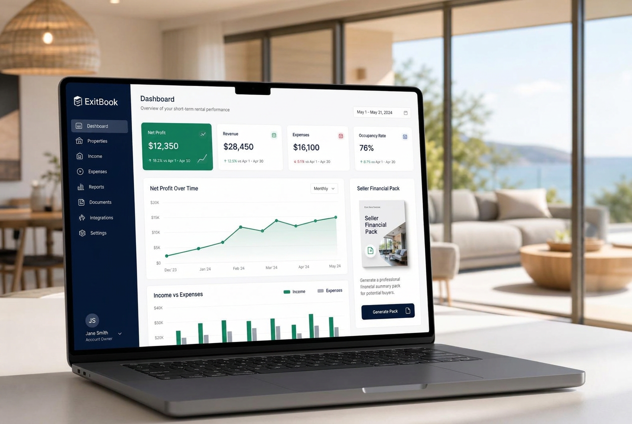 ExitBook dashboard showing profit and loss tracking for a short-term rental